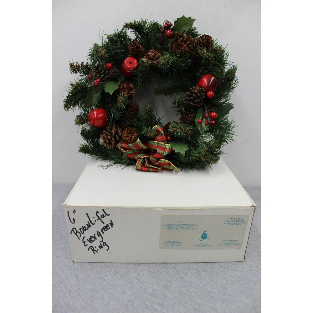 PartyLite Wreath 6in Green Bountiful Evergreen Ring P0036 Pinecones Apples Bow